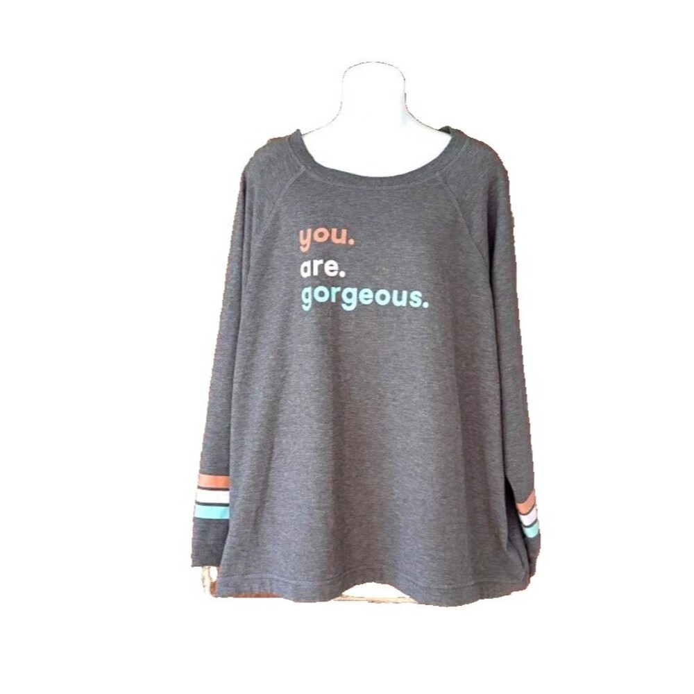 Joyspun You Are Gorgeous Gray Pullover Top Women's 2X Stripe Sleeve Graphic